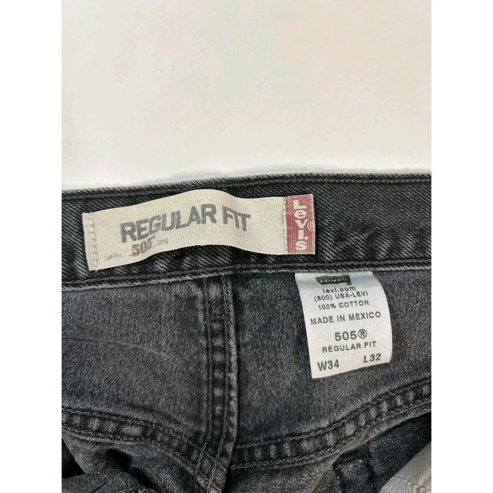 Levi's 505 Regular Fit Jeans Mens 34x32 Gray Black‎ Stonewash Denim Made in...